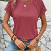 Women's Lace Sleeve Cropped Tee - Elegant Solid Color Summer Blouse, Breathable Machine-Washable Top