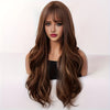 28-Inch (71 cm) Long Wavy Brown Highlighted Wig for Women, Heat-Resistant Synthetic Hair with Bangs