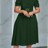 Women's V-Neck Ruched Midi Dress with Belted Waist, Short Sleeve Flowy Skirt for Spring/Summer