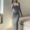 Women's Extra-Long Bodycon Maxi Dress – Square Neck Long Sleeve A-Line Silhouette, Sexy Form-Fitting Autumn Dress