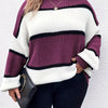 Plus-Size Striped Long Sleeve Knit Sweater – Halter Neck Color Block Pullover (Green, Black & White)