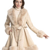 Women's Midi Faux Fur-Lined Faux Leather Belted Coat, Elegant Winter Long Sleeve Jacket