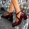 Women's Red Block Heel Pumps - Square Toe, Elastic Band, Glossy Anti-Slip Sole