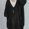 Plus Size Women's Oversized V-Neck Longline Sweater - Soft Ribbed Viscose Knit, Machine-Washable Black Pullover for Fall/Winter