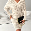 Batwing Pointelle Sweater Dress — V-Neck Bodycon Midi Knit (100% Acrylic)