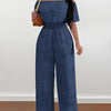 Elegant Off-Shoulder Wide Leg Jumpsuit – Short Sleeve, Cinched Waist, Solid Black Polyester, Machine Washable