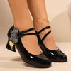 Women's Red Mary Jane Heels with Sparkling Bow & Rhinestone Accent — Chunky Block Heel, Round Toe, Synthetic Upper & Rubber Sole
