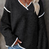 Women's Plus Size V-Neck Loose Fit Knit Sweater - Light Gray with Contrast Trim, Long Sleeve Pullover