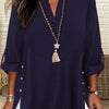 Plus Size Faux Denim Blouse with Decorative Buttons & Tassel Knot Front High-Low Hem Spring/Summer Polyester Blend